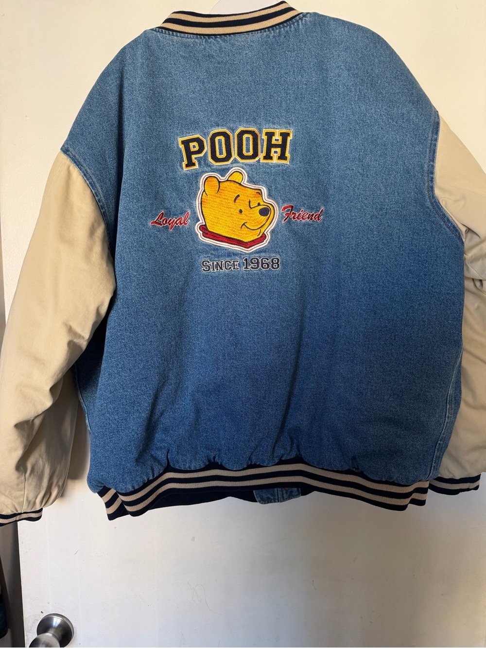 Vintage Disney Store Winnie The Pooh Denim Varsity Bomber Jacket XL